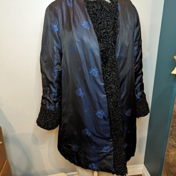 Vintage mid century Reversible Black Persian Wool mink and silk coat Size 12 L - Picture 10 of 15